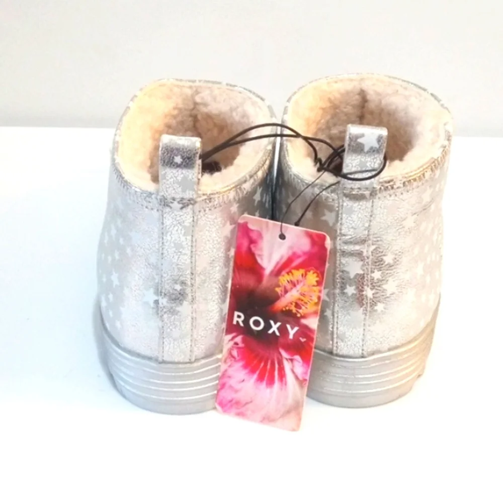 ROXY GIRLS METALLIC SILVER STAR SPANGLED SHERPA LINED ANKLE BOOTIES SIZE 3 NWT